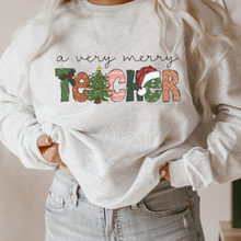 Load image into Gallery viewer, A Very Merry Teacher Christmas Unisex Crewneck Sweatshirt Women&#39;s Ash, Sand, or White Teacher Christmas Gift Cute Cozy Christmas Pullover
