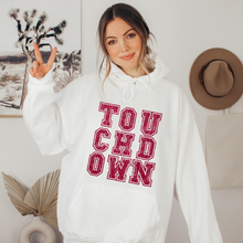 Load image into Gallery viewer, Touchdown Unisex Women&#39;s or Men&#39;s White Hooded Distressed Football Design Sweatshirt or Hoodie
