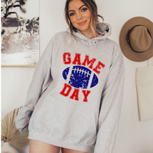 Load image into Gallery viewer, Game Day Unisex Women&#39;s or Men&#39;s White Hooded Distressed Football Design Sweatshirt or Hoodie
