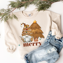 Load image into Gallery viewer, Merry Gingerbread Gnome Unisex Size Crewneck Sweatshirt Women&#39;s Cute Hand Painted Gnome Christmas Pullover in Sand, Ash, Navy, White
