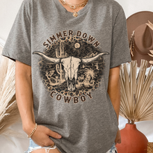 Load image into Gallery viewer, Simmer Down Cowboy Bella Canvas® Unisex Jersey Short Sleeve Tee in Natural, White, Dark Heather or Heather Olive Cowboy T-Shirt
