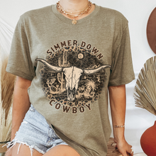 Load image into Gallery viewer, Simmer Down Cowboy Bella Canvas® Unisex Jersey Short Sleeve Tee in Natural, White, Dark Heather or Heather Olive Cowboy T-Shirt
