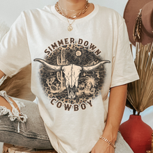 Load image into Gallery viewer, Simmer Down Cowboy Bella Canvas® Unisex Jersey Short Sleeve Tee in Natural, White, Dark Heather or Heather Olive Cowboy T-Shirt
