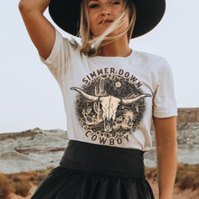 Load image into Gallery viewer, Simmer Down Cowboy Bella Canvas® Unisex Jersey Short Sleeve Tee in Natural, White, Dark Heather or Heather Olive Cowboy T-Shirt
