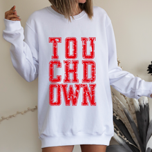 Load image into Gallery viewer, Touchdown Football Crewneck Sweatshirt Unisex-Sized Distressed Varsity Letters Sweatshirt Choose your Custom Color
