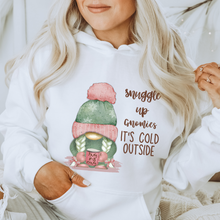 Load image into Gallery viewer, Snuggle Up Gnomies Christmas or Winter Crewneck Sweatshirt, T-Shirt or Hoodie, Winter Pastel Pink and Mint Hand Drawn Adorable Gnome Design
