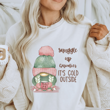 Load image into Gallery viewer, Snuggle Up Gnomies Christmas or Winter Crewneck Sweatshirt, T-Shirt or Hoodie, Winter Pastel Pink and Mint Hand Drawn Adorable Gnome Design
