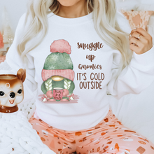 Load image into Gallery viewer, Snuggle Up Gnomies Christmas or Winter Crewneck Sweatshirt, T-Shirt or Hoodie, Winter Pastel Pink and Mint Hand Drawn Adorable Gnome Design
