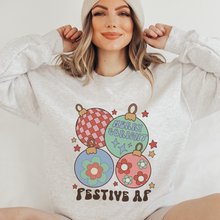 Load image into Gallery viewer, Christmas Crewneck Sweatshirt Ash, Sand, or White Women&#39;s Funny Festive AF Retro Christmas Ornaments Design Trendy Cozy Gildan® Pullover
