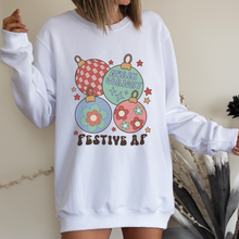 Load image into Gallery viewer, Christmas Crewneck Sweatshirt Ash, Sand, or White Women&#39;s Funny Festive AF Retro Christmas Ornaments Design Trendy Cozy Gildan® Pullover
