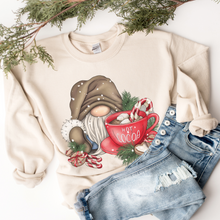 Load image into Gallery viewer, Winter or Christmas Gnome with Hot Cocoa Crewneck Sweatshirt Women&#39;s Cozy Ash, Sand, or White Gildan Unisex Pullover
