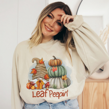 Load image into Gallery viewer, Leaf Peepin&#39; Fall Crewneck Sweatshirt Cute Warm and Cozy Gildan® Pullover Watercolor Gnome and Pumpkins
