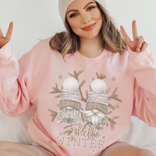 Load image into Gallery viewer, Hello Winter Gnomes Crewneck Sweatshirt Women&#39;s Unisex-Sized Christmas Pullover Watercolor Gnomes and Snowflakes Warm Cozy Winter Sh
