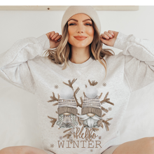 Load image into Gallery viewer, Hello Winter Gnomes Crewneck Sweatshirt Women&#39;s Unisex-Sized Christmas Pullover Watercolor Gnomes and Snowflakes Warm Cozy Winter Sh
