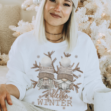 Load image into Gallery viewer, Hello Winter Gnomes Crewneck Sweatshirt Women&#39;s Unisex-Sized Christmas Pullover Watercolor Gnomes and Snowflakes Warm Cozy Winter Sh
