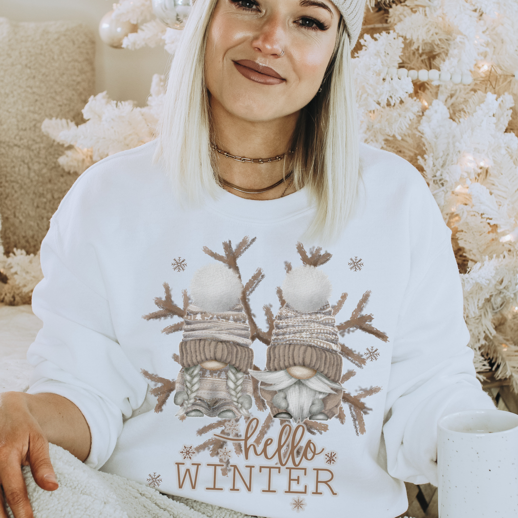 Hello Winter Gnomes Crewneck Sweatshirt Women's Unisex-Sized Christmas Pullover Watercolor Gnomes and Snowflakes Warm Cozy Winter Sh