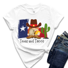 Load image into Gallery viewer, Adorable Texas and Tacos Unisex Bella Canvas® T-shirt Women&#39;s Heather Olive, Deep Heather or White Cute Cowboy Gnome with a Taco
