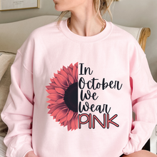 Load image into Gallery viewer, Women's In October We Wear Pink Crewneck Sweatshirt Breast Cancer Awareness Fall Cancer Pullover White, Light Pink or Heliconia Colors
