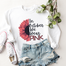 Load image into Gallery viewer, Women's In October We Wear Pink Crewneck Sweatshirt Breast Cancer Awareness Fall Cancer Pullover White, Light Pink or Heliconia Colors
