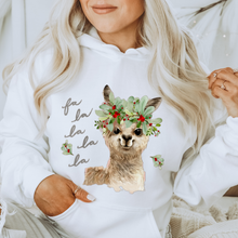 Load image into Gallery viewer, Women&#39;s Fa La La La Llama Crewneck Sweatshirt Cute Warm and Cozy Gildan® Pullover Watercolor Llama Christmas or Winter Shirt
