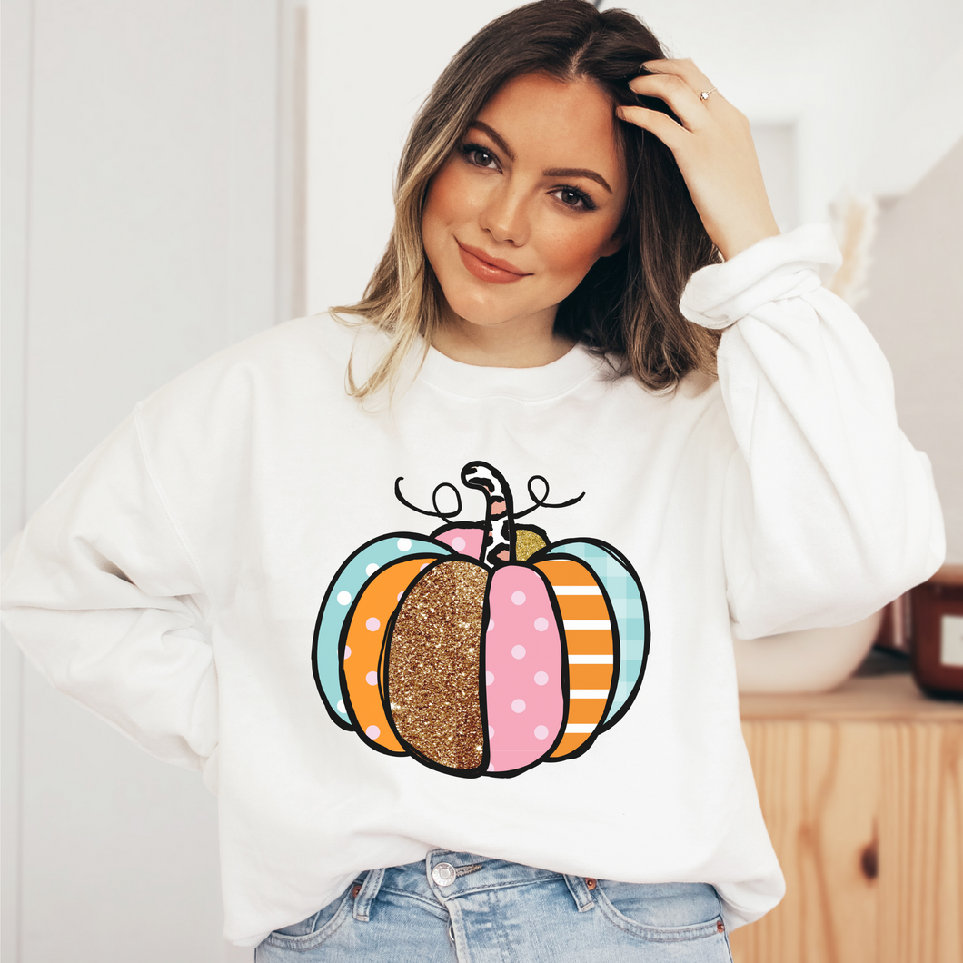 Fall Colorful Pumpkin Crewneck Sweatshirt or T-shirt Warm and Cozy Orange Brown Blue Pumpkin Gildan® Pullover or Soft Bella+Canvas® Tee