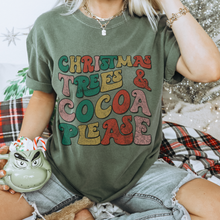 Load image into Gallery viewer, Women&#39;s Christmas Trees and Cocoa Please Crewneck Sweatshirt, Cozy Gildan® Pullover Ash Sand and White Retro Distressed Design Shirt
