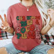 Load image into Gallery viewer, Women&#39;s Christmas Trees and Cocoa Please Crewneck Sweatshirt, Cozy Gildan® Pullover Ash Sand and White Retro Distressed Design Shirt
