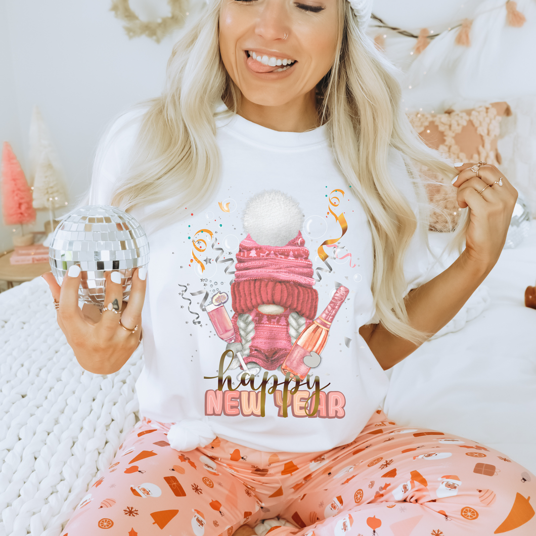 New Year's Sweatshirt or Tee, Women's Happy New Year Unisex Size Pink Glittery Gnome Champagne Pullover, Cute Gnome Holiday Shirt