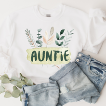 Load image into Gallery viewer, Women&#39;s Auntie Crewneck Sweatshirt or T-Shirt Pretty Hand-Drawn Watercolor Auntie Design Gift for Aunt Shirt
