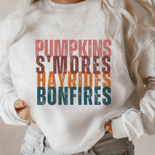 Load image into Gallery viewer, Pumpkins S&#39;more&#39;s Hayrides and Bonfires Women&#39;s T Shirt or Crewneck Sweatshirt Distressed Letters Cozy Gildan Pullover or Bella Canvas Tee
