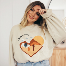 Load image into Gallery viewer, Adventure Awaits Women&#39;s Crewneck Sweatshirt Beautiful Hand-Drawn Desert with Cactus on a Comfy, Cozy White, Ash, or Sand Pullover
