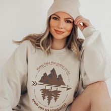 Load image into Gallery viewer, Always Take the Scenic Route Crewneck Sweatshirt Women&#39;s pullover Unisex Camping Adventure Shirt White, Sand or Ash
