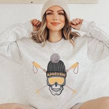 Load image into Gallery viewer, Apres-Ski Crewneck Sweatshirt APRES Skull on a Soft, Cozy Pullover Unisex-Size Sweatshirt in White, Sand, or Ash
