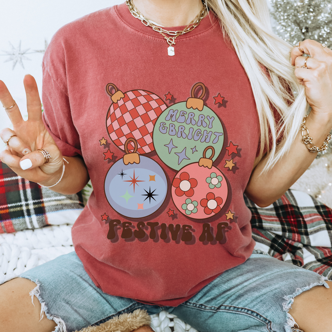 Christmas T-Shirt Women's Funny Festive AF Garment-Dyed Comfort Colors® Pretty Colors Retro Christmas Ornaments Design Trendy T-Shirt