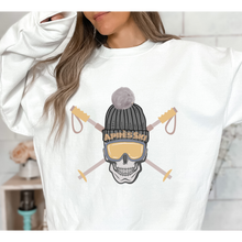 Load image into Gallery viewer, Apres-Ski Crewneck Sweatshirt APRES Skull on a Soft, Cozy Pullover Unisex-Size Sweatshirt in White, Sand, or Ash
