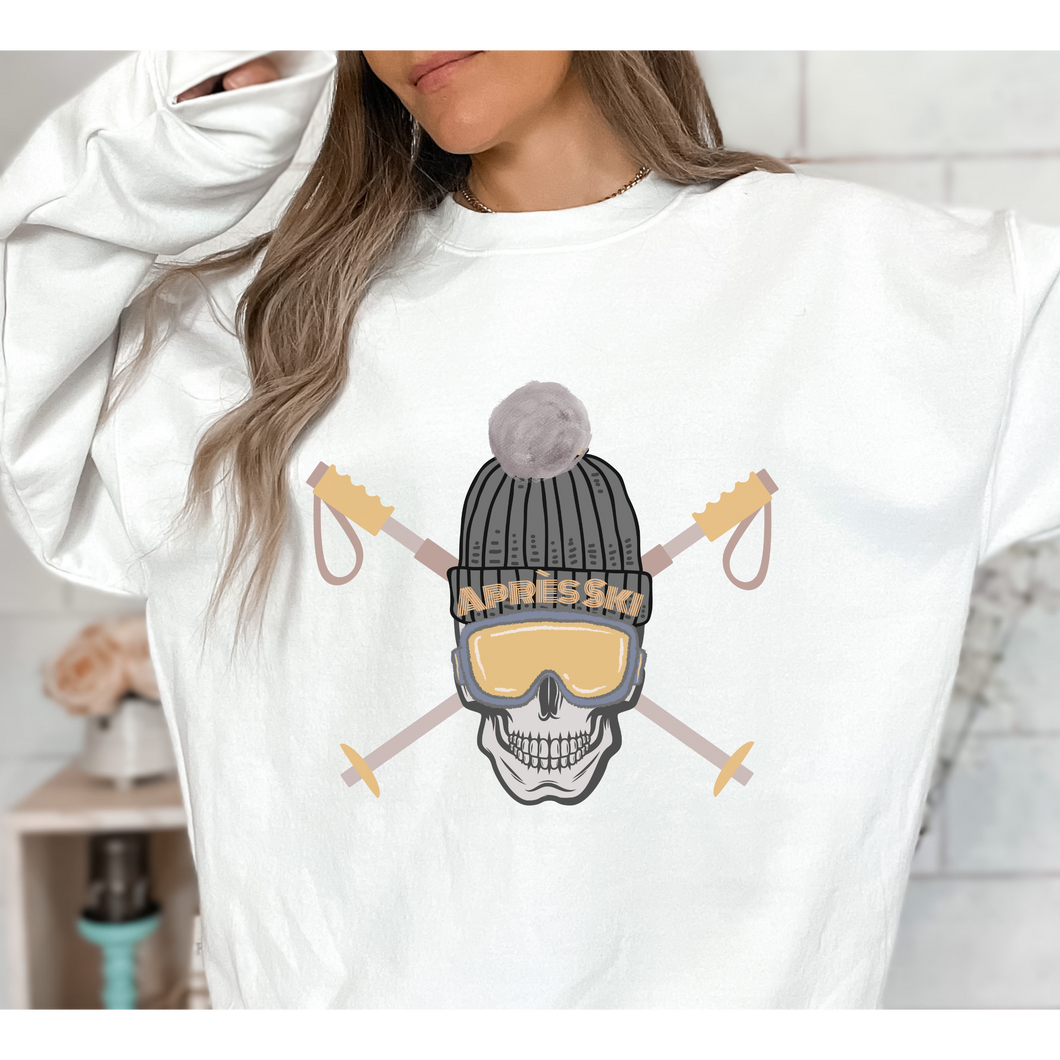 Apres-Ski Crewneck Sweatshirt APRES Skull on a Soft, Cozy Pullover Unisex-Size Sweatshirt in White, Sand, or Ash