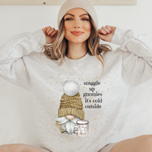 Load image into Gallery viewer, Snuggle Up Gnomies Crewneck Sweatshirt Women's Watercolor Warm Cozy Gildan® White, Ash, or Sand Christmas or Winter Pullover
