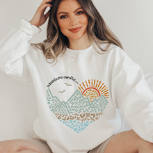 Load image into Gallery viewer, Adventure Awaits Women&#39;s Winter Unisex Size Crewneck Sweatshirt Mountains Landscape on a Cozy White Sand or Ash Pullover
