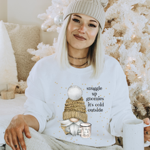 Load image into Gallery viewer, Snuggle Up Gnomies Crewneck Sweatshirt Women's Watercolor Warm Cozy Gildan® White, Ash, or Sand Christmas or Winter Pullover
