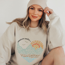 Load image into Gallery viewer, Adventure Awaits Women&#39;s Winter Unisex Size Crewneck Sweatshirt Mountains Landscape on a Cozy White Sand or Ash Pullover
