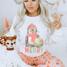 Load image into Gallery viewer, Women&#39;s Winter or Christmas Crewneck Sweatshirt Gift for Her Hand Drawn Penguin Merry Unisex Size Cozy Oversize Pullover or T-Shirt
