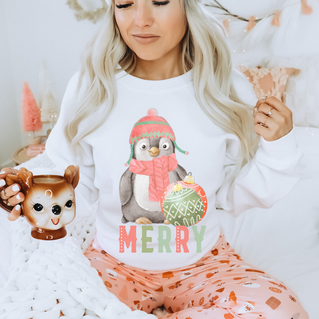 Women's Winter or Christmas Crewneck Sweatshirt Gift for Her Hand Drawn Penguin Merry Unisex Size Cozy Oversize Pullover or T-Shirt