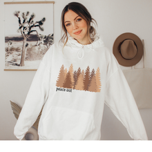 Load image into Gallery viewer, Women&#39;s Peace Out Cozy Hooded Sweatshirt in White, Grey or Sand, Adventure, Hiking, Camping Hoodie Colorado Mountains Sweatshirt
