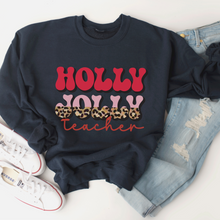 Load image into Gallery viewer, Holly Jolly Teacher Christmas Crewneck Sweatshirt Women&#39;s Unisex-Sized Retro Leopard Print Christmas Design Warm Cozy Gildan Pullover
