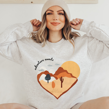 Load image into Gallery viewer, Adventure Awaits Women&#39;s Crewneck Sweatshirt Beautiful Hand-Drawn Desert with Cactus on a Comfy, Cozy White, Ash, or Sand Pullover
