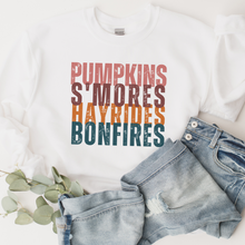 Load image into Gallery viewer, Pumpkins S&#39;more&#39;s Hayrides and Bonfires Women&#39;s T Shirt or Crewneck Sweatshirt Distressed Letters Cozy Gildan Pullover or Bella Canvas Tee
