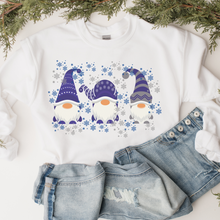 Load image into Gallery viewer, Christmas Crewneck Sweatshirt Women&#39;s pullover Three Cute Blue Gnomes in White, Navy or Ash Gift for Her
