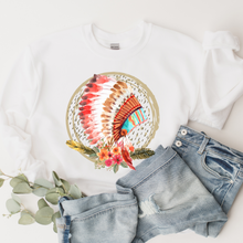 Load image into Gallery viewer, Native American Headdress Women&#39;s Crewneck Sweatshirt, Hoodie, or T-Shirt, Beautiful Bright Colored Watercolor Hand-Drawn Headdress
