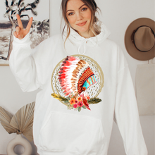 Load image into Gallery viewer, Native American Headdress Women&#39;s Crewneck Sweatshirt, Hoodie, or T-Shirt, Beautiful Bright Colored Watercolor Hand-Drawn Headdress
