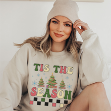 Load image into Gallery viewer, Tis the Season Christmas Crewneck Sweatshirt Warm and Cozy Retro Design Gildan® Ash Sand or White Pullover

